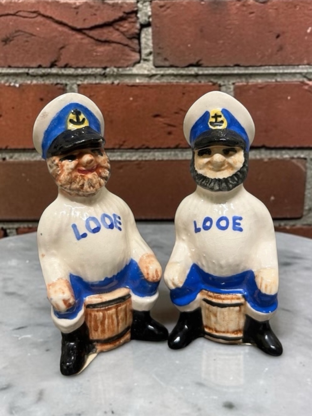Vintage Salty Sailor Looe on Barrel Salt and Pepper Shakers